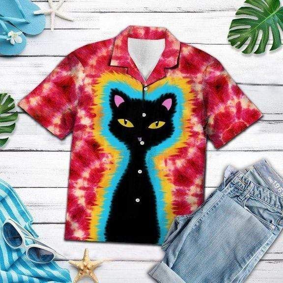 Tie-Dye Hippie Black Cat Hawaiian Aloha Shirts{Size}