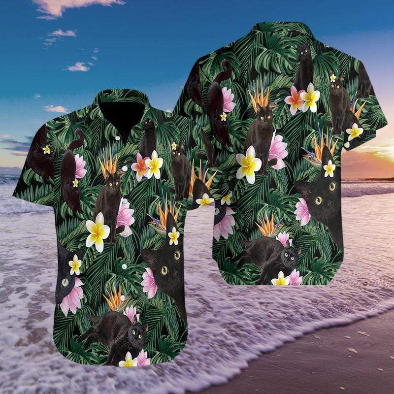 So Cute Black Cat Tropical Hawaiian Shirts 510L{Size}