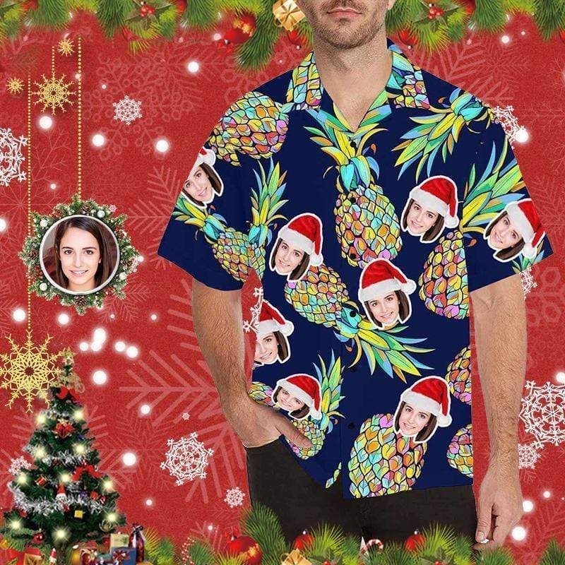 Shop Funny Custom Face Merry Christmas Pineapple Red Unisex Hawaiian Shirts{Size}