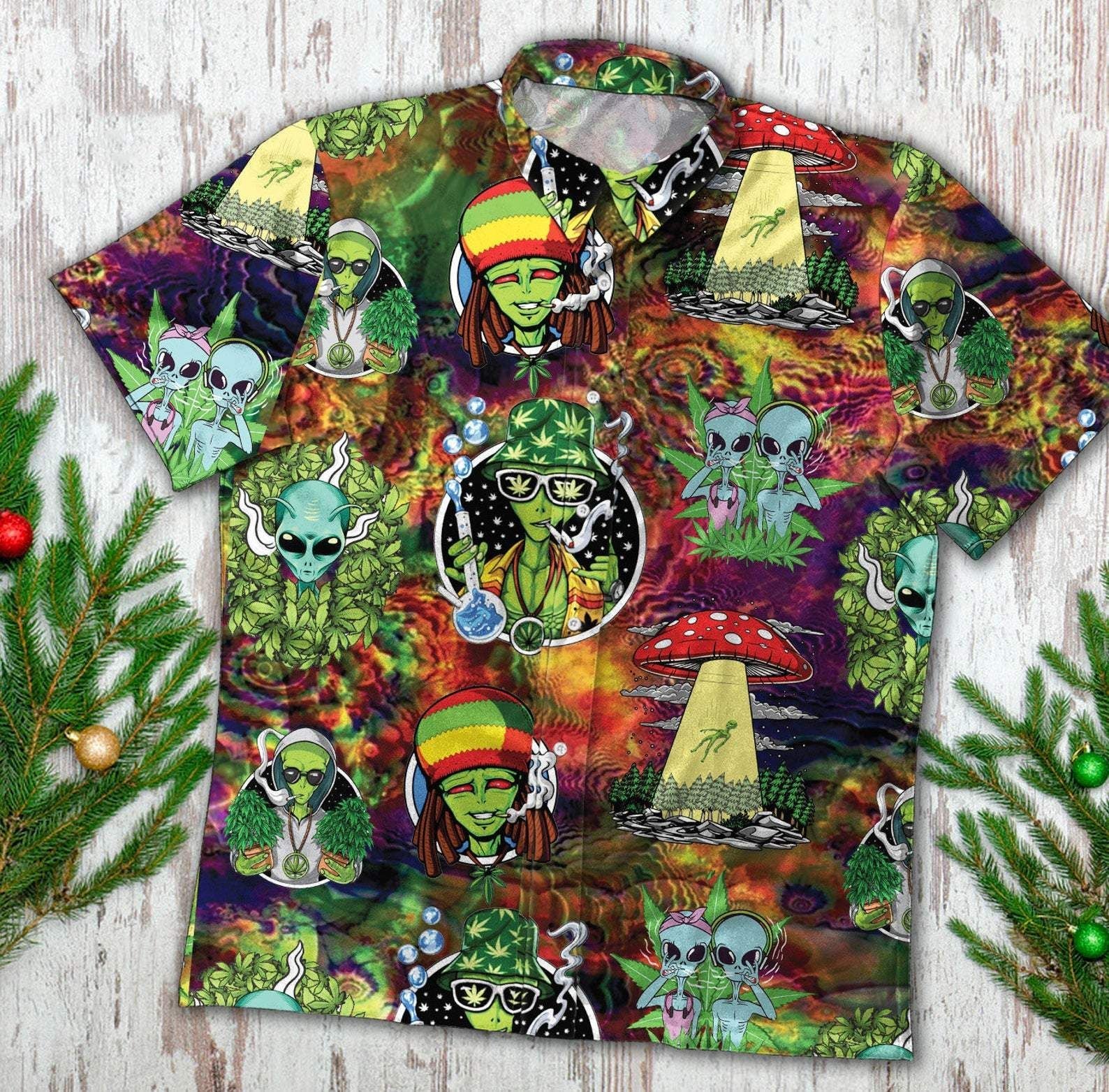 Shop Hippie Trippy Alien Smoke Weed 420 Hawaiian Aloha Shirts Dh{Size}