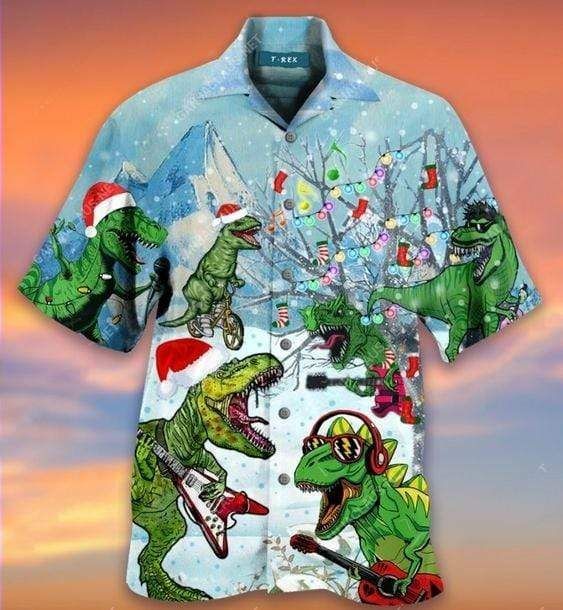 Shop Hawaiian Aloha Shirts Dinosaurs Play Guitar On Christmas{Size}