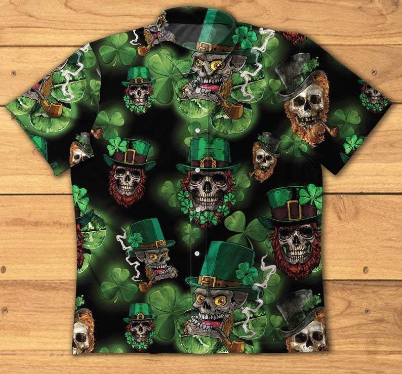 Skull Leprechaun Irish Happy St. Patrick's Day Hawaiian Aloha Shirts V{Size}