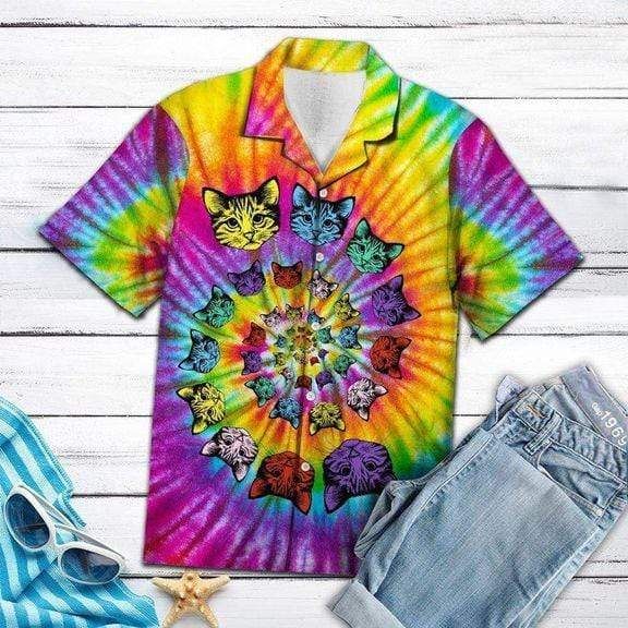 Tie-Dye Psychedelic Hippie Cat Hawaiian Aloha Shirts{Size}