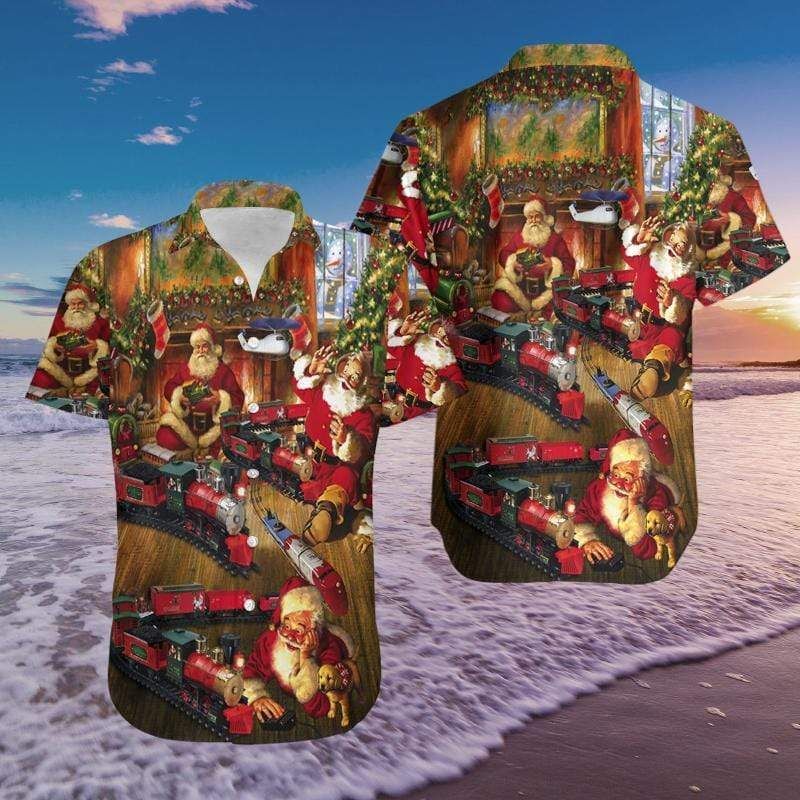 Shop Funny Santa Claus Playing Train Hawaiian Shirts{Size}