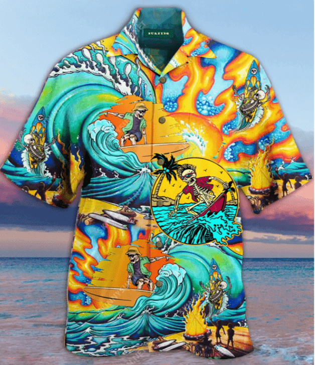 Skeleton Surfing The Beach Unisex Aloha Hawaiian Shirts{Size}