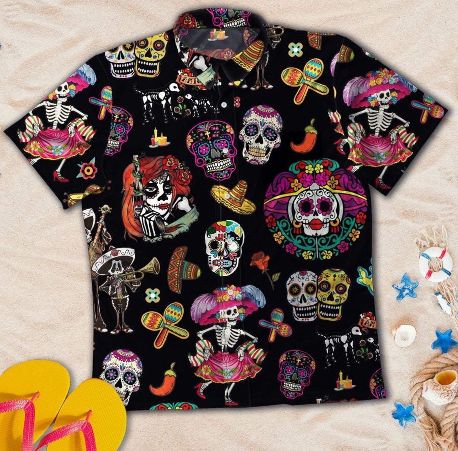 Shop Sugar Skull Calavera Guns And Roses Unisex Hawaiian Aloha Shirts Dh{Size}