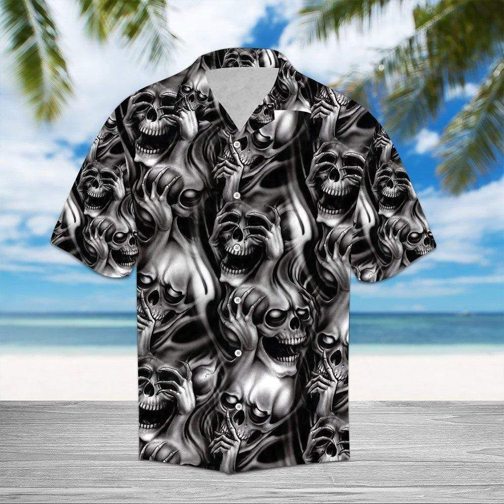 Smoking Skull Black White Hawaiian Aloha Shirts{Size}