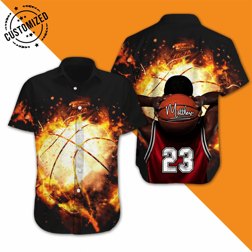 Shop Custombasketball Fire Tee Personalize 3D Hawaiian Shirts H{Size}