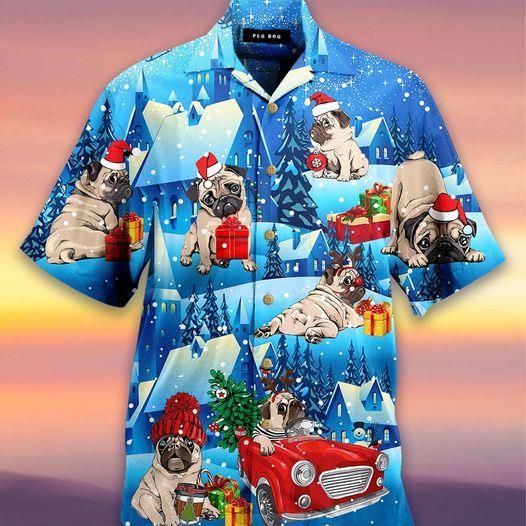 So Cute Santa Pug Snowy Blue Hawaiian Aloha Shirts{Size}