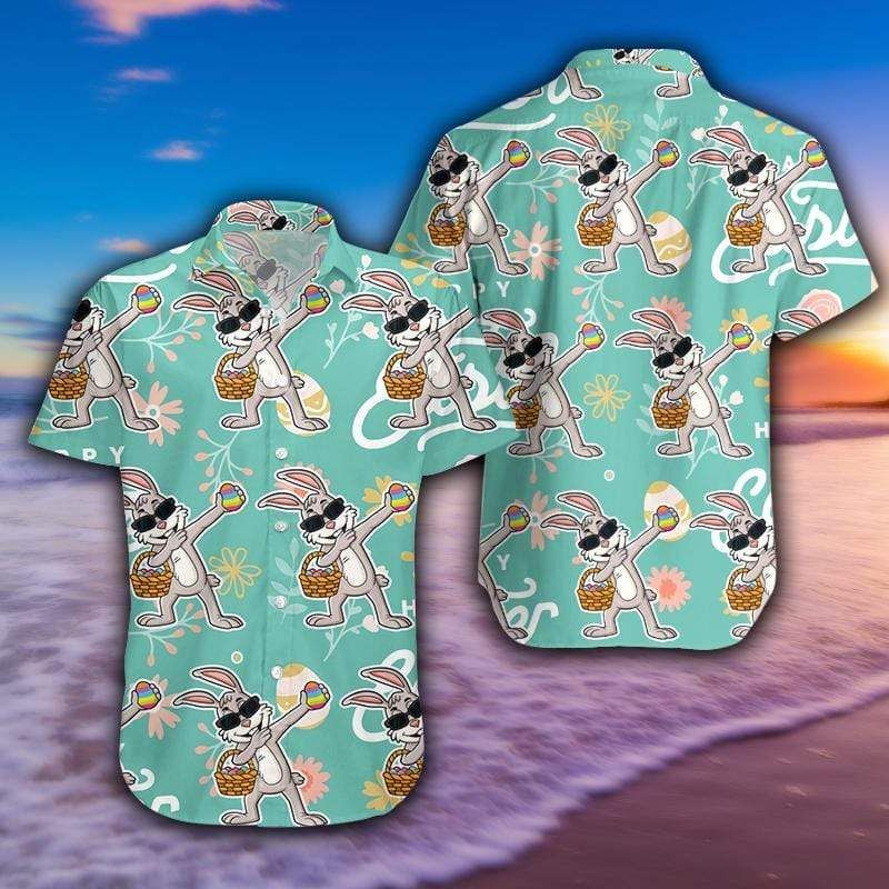 Shop Funny Dabbing Bunny With Egg Happy Easter Green Hawaiian Aloha Shirts{Size}