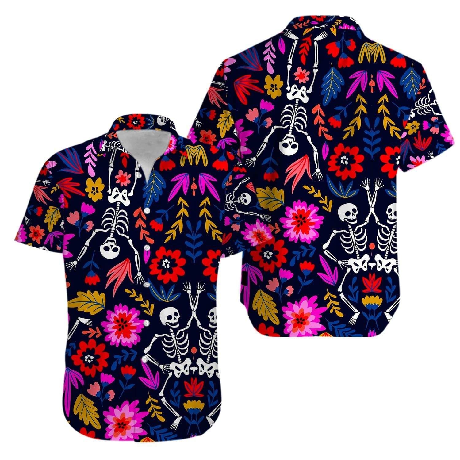 Skull Tattoo Day Of The Dead Flowers Aloha Hawaiian Shirts V{Size}