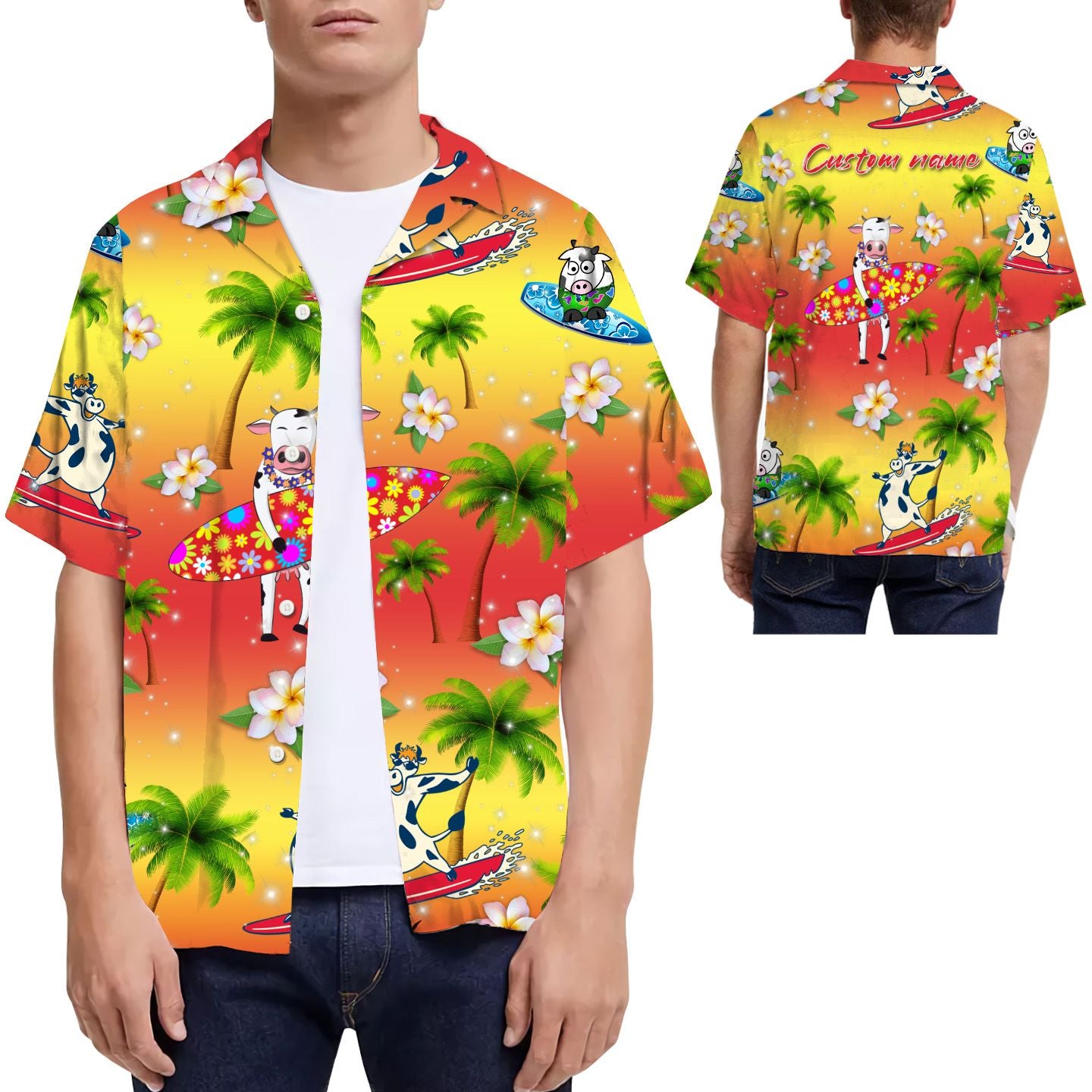 Surfing Dairy Cow Coconut Tree Custom Name Men Hawaiian Shirt For Cow Lovers{Size}