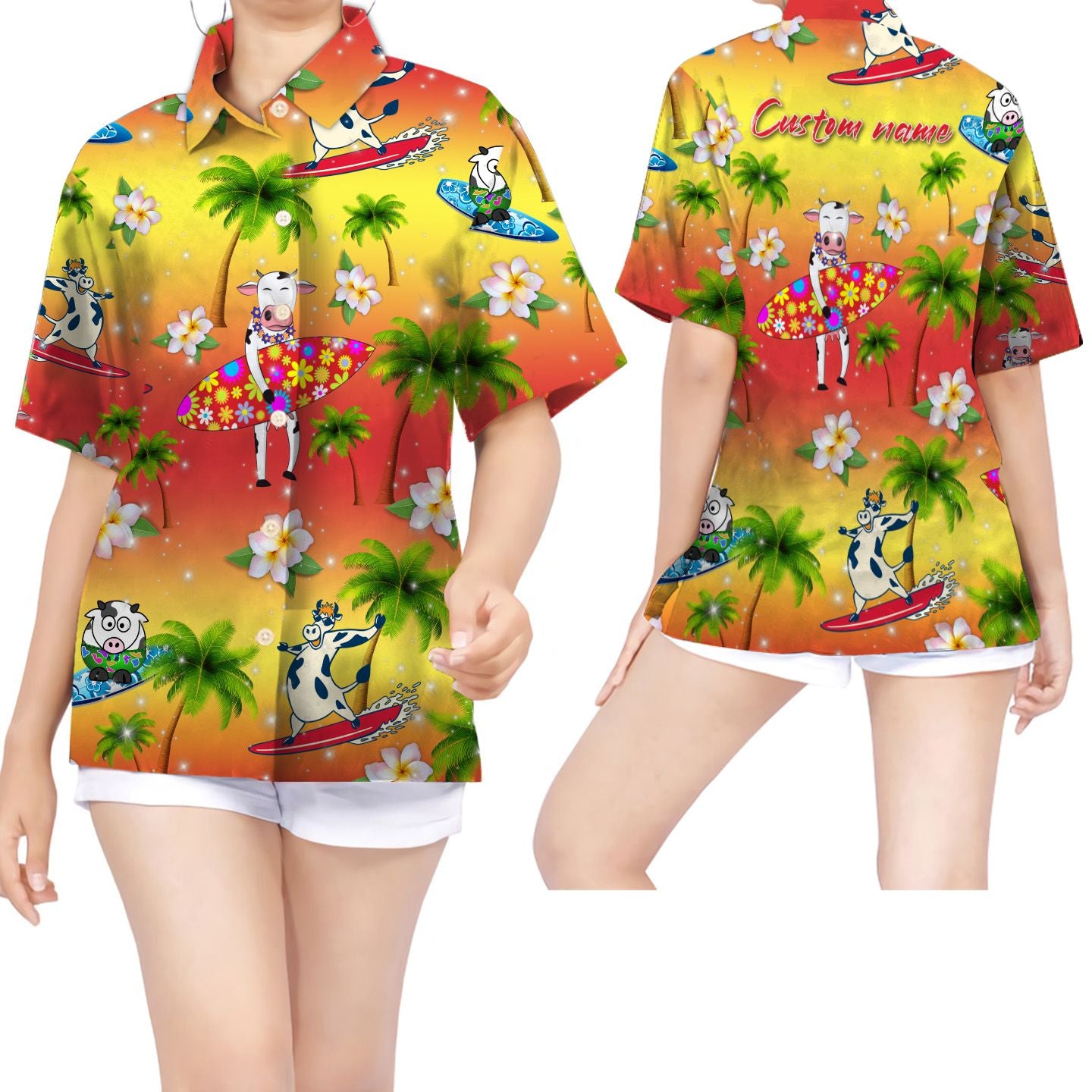 Surfing Dairy Cow Coconut Tree Custom Name Women Hawaiian Shirt For Cow Lovers{Size}