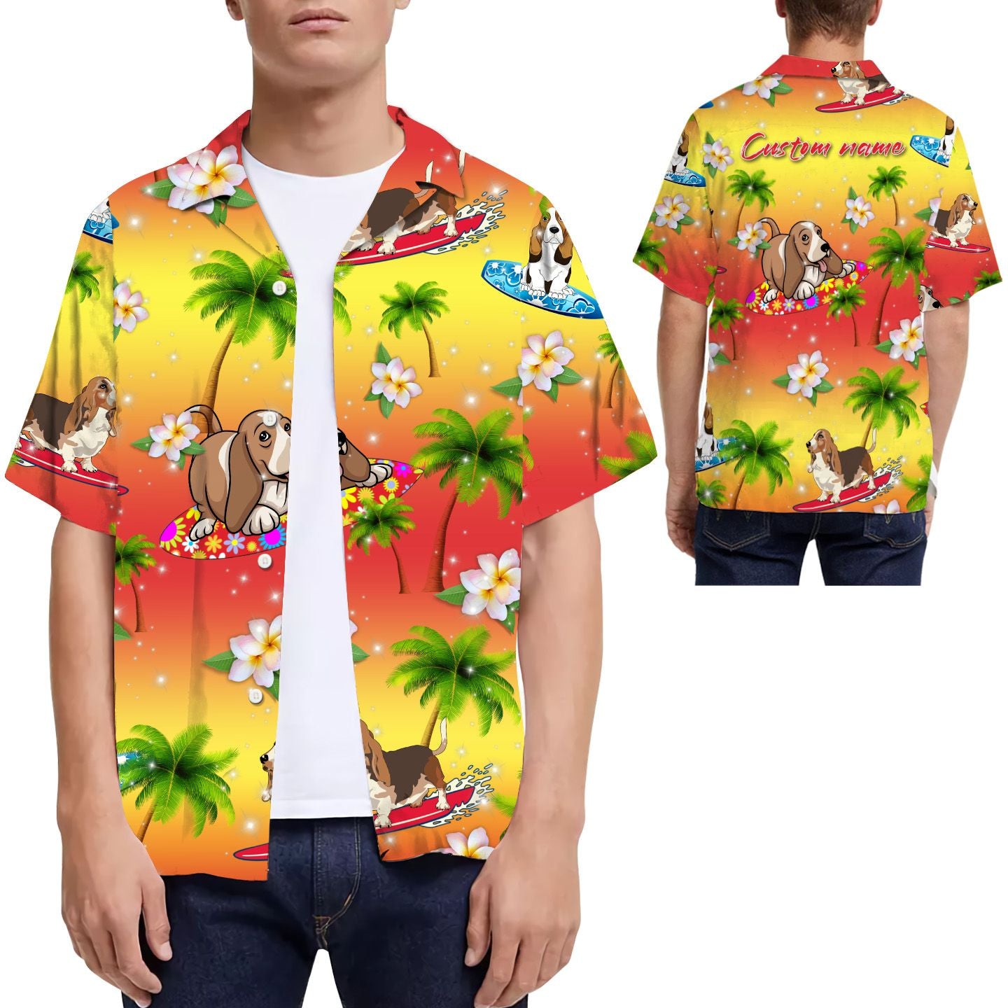 Surfing Basset Hound Coconut Tree Custom Name Men Hawaiian Shirt For Dog Lovers{Size}