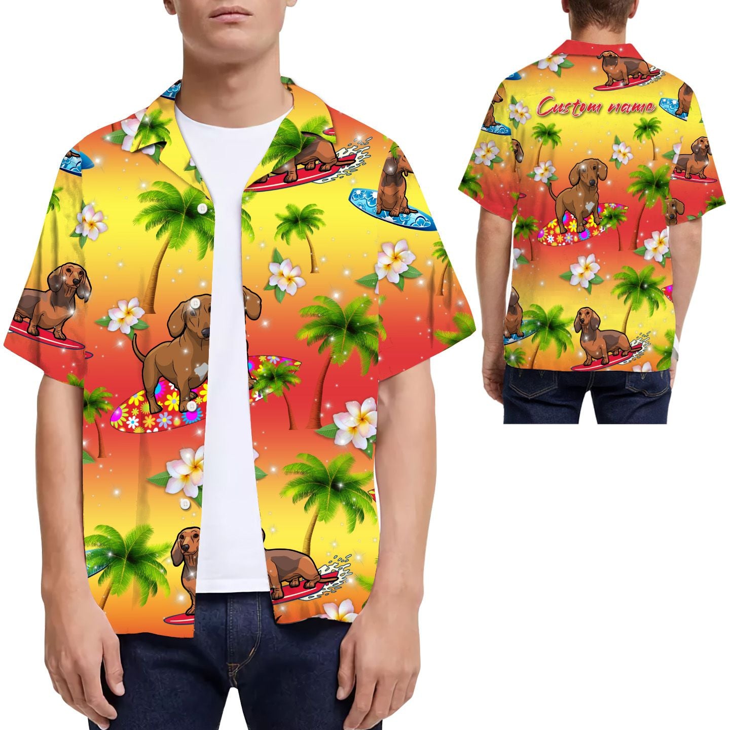 Surfing Dachshund Coconut Tree Custom Name Men Hawaiian Shirt For Dog Lovers{Size}