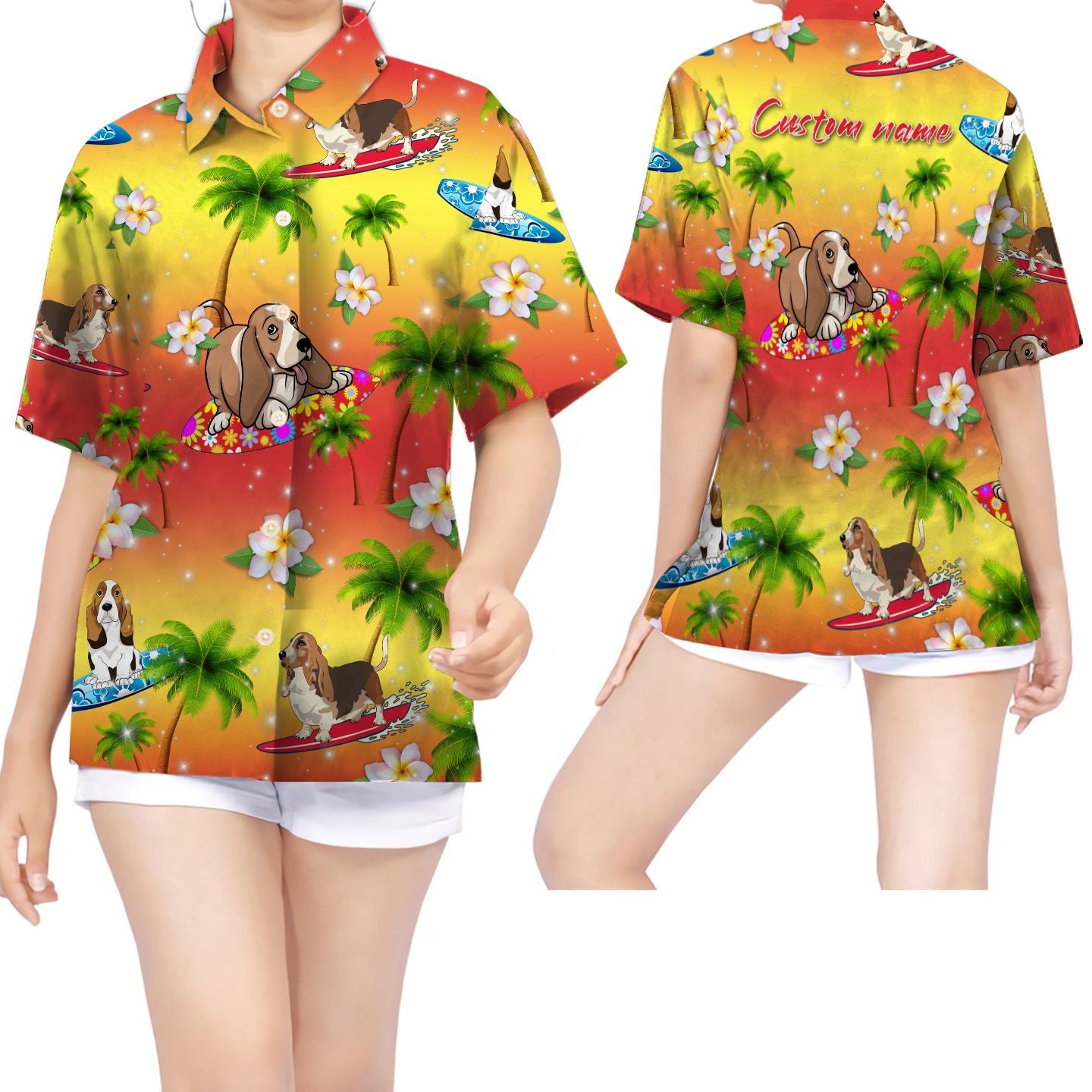 Surfing Basset Hound Coconut Tree Custom Name Women Hawaiian Shirt For Dog Lovers{Size}