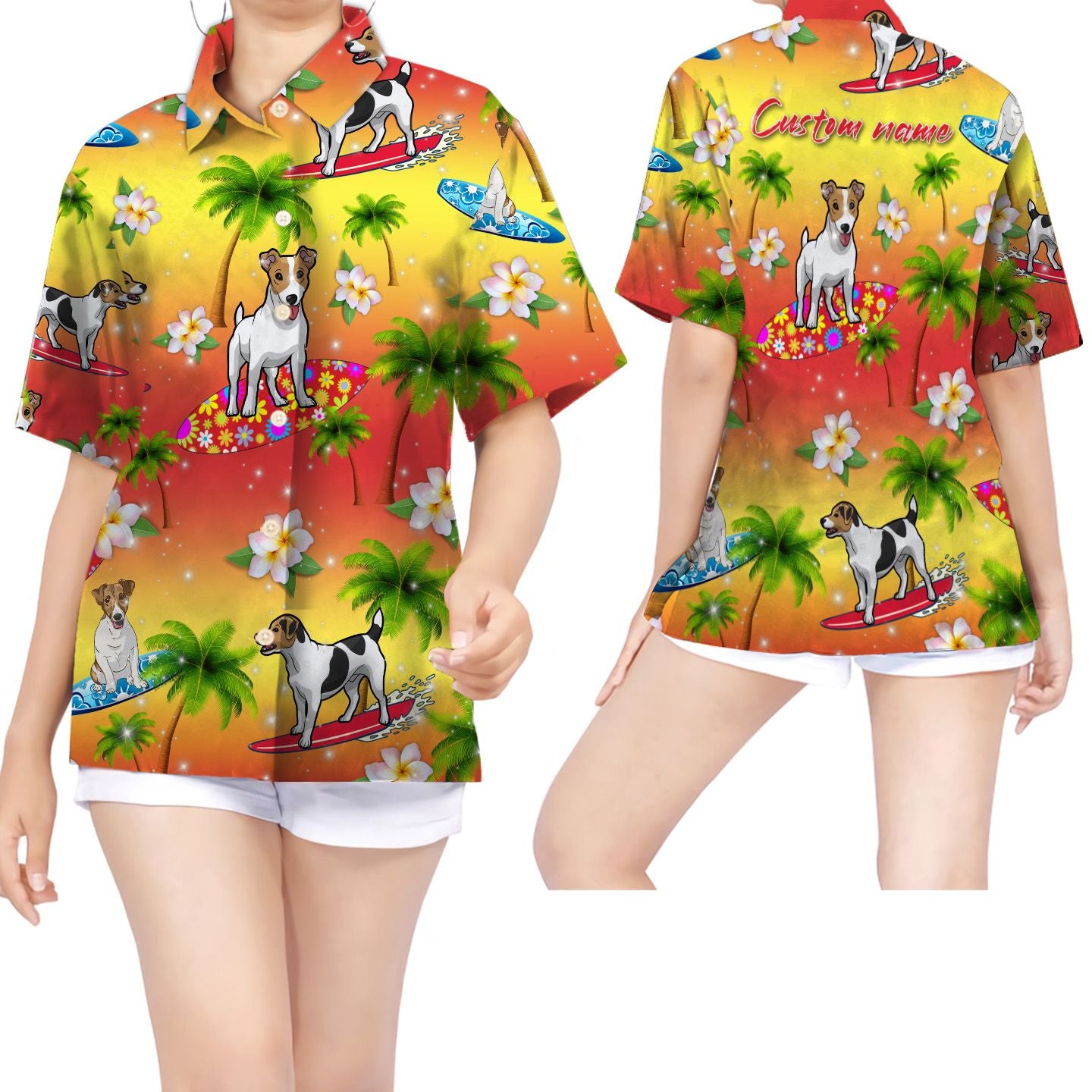 Surfing Jack Russell Coconut Tree Custom Name Women Hawaiian Shirt For Dog Lovers{Size}