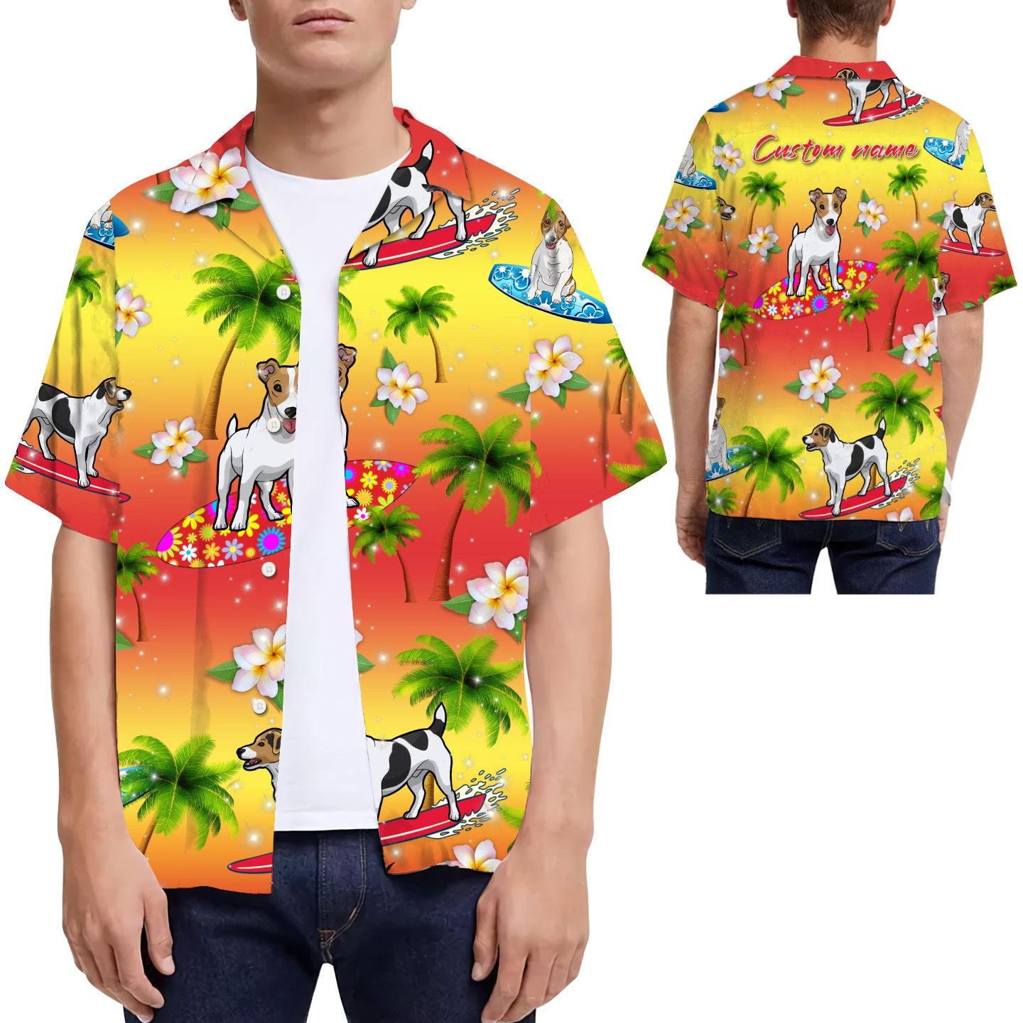 Surfing Jack Russell Coconut Tree Custom Name Men Hawaiian Shirt For Dog Lovers{Size}