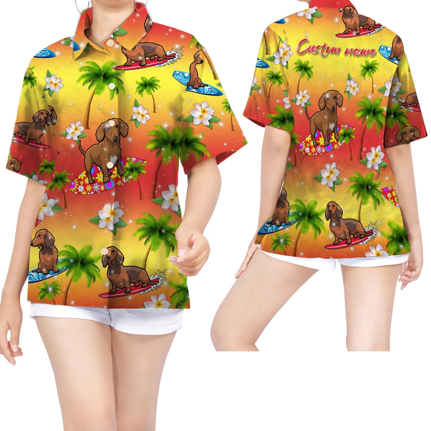 Surfing Dachshund Coconut Tree Custom Name Women Hawaiian Shirt For Dog Lovers{Size}