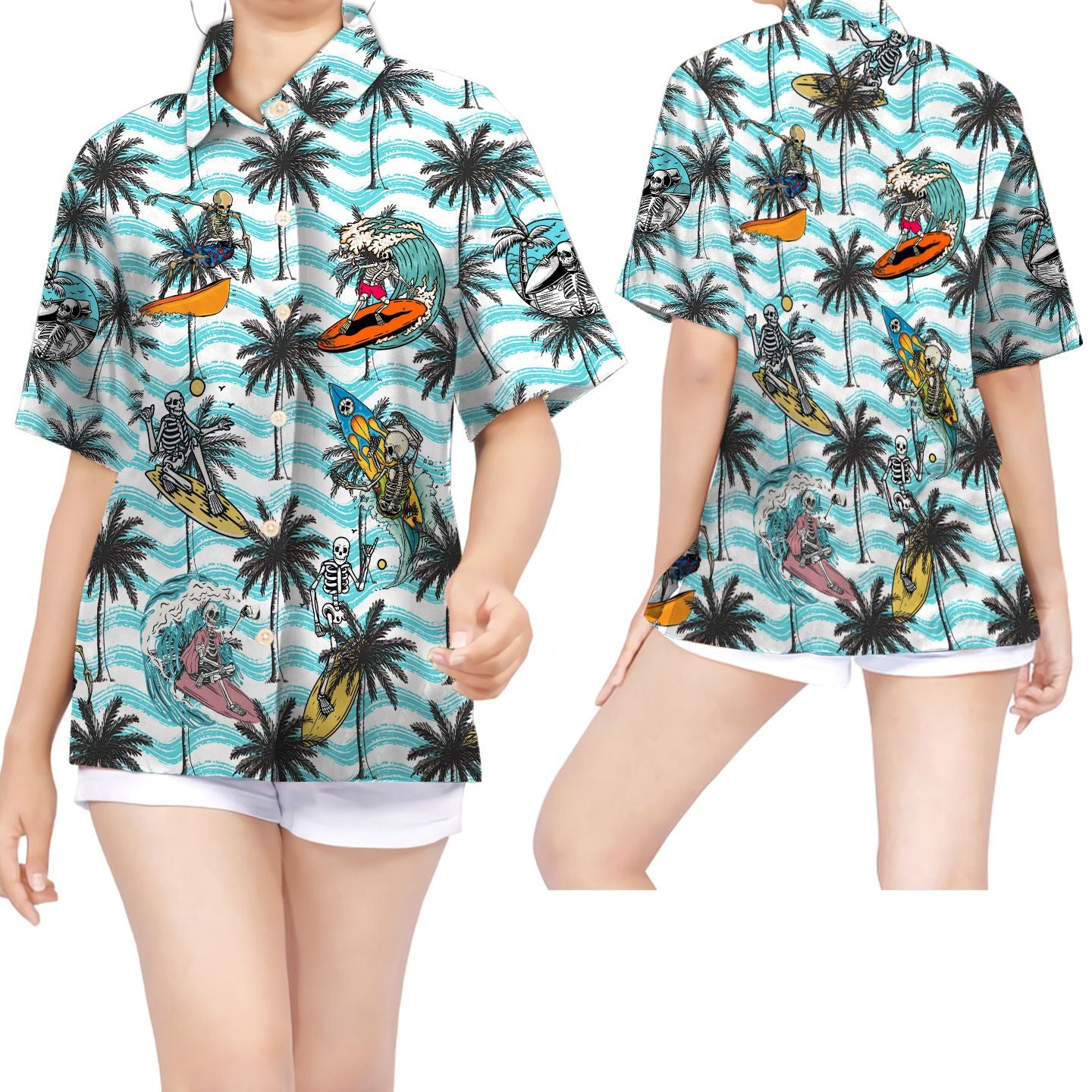 Surfing Skeleton Coconut Tree Women Hawaiian Shirt For This Summer{Size}