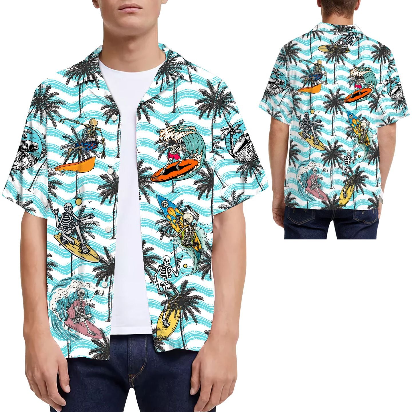 Surfing Skeleton Coconut Tree Men Hawaiian Shirt For This Summer{Size}