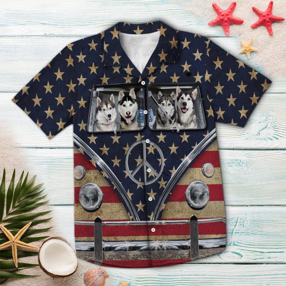 Siberian Husky Flag Hippie Bus G5729- Hawaiian Shirt{Size}