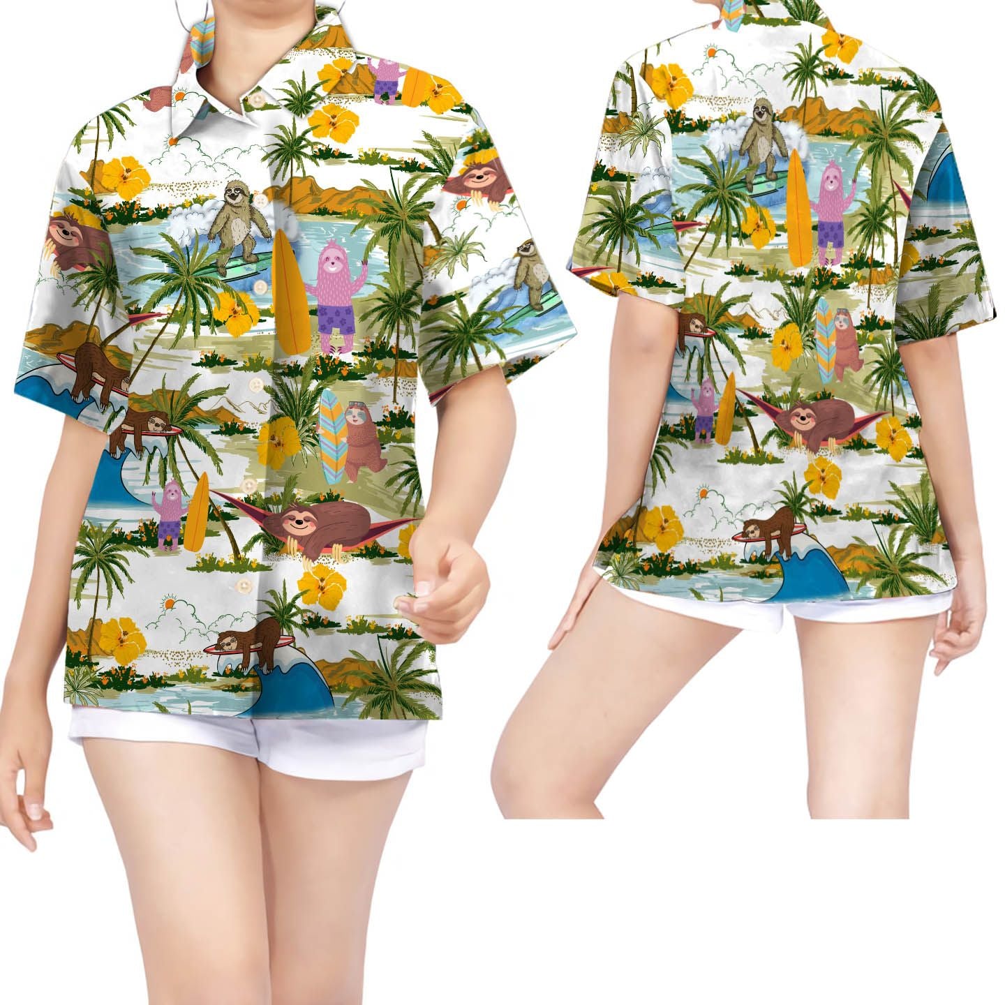 Sloth Surfing Tropical Coconut Tree Hawaiian Shirt For Women For Sloth Lovers{Size}