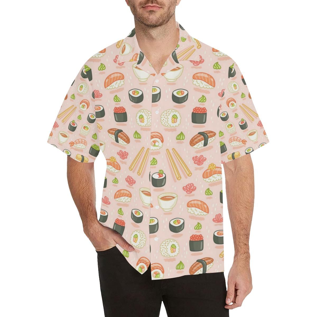 Sushi Pattern Background Men'S All Over Print Hawaiian Aloha Shirt Hawaiian Shorts Beach Short Sleeve{Size}