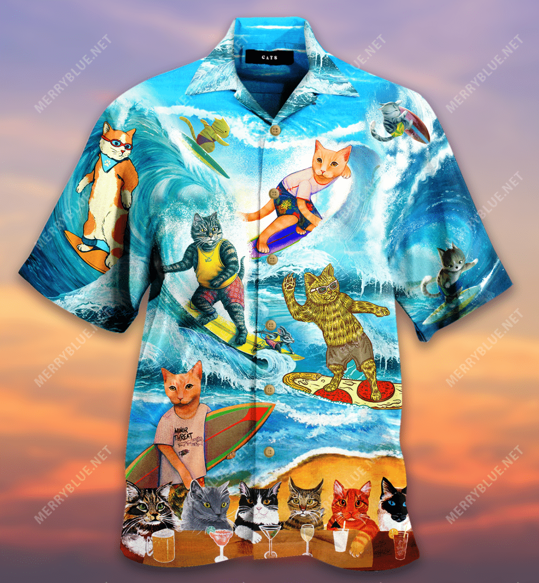 Surfing Cats Hawaiian Aloha Shirt Hawaiian Shorts Beach Short Sleeve{Size}