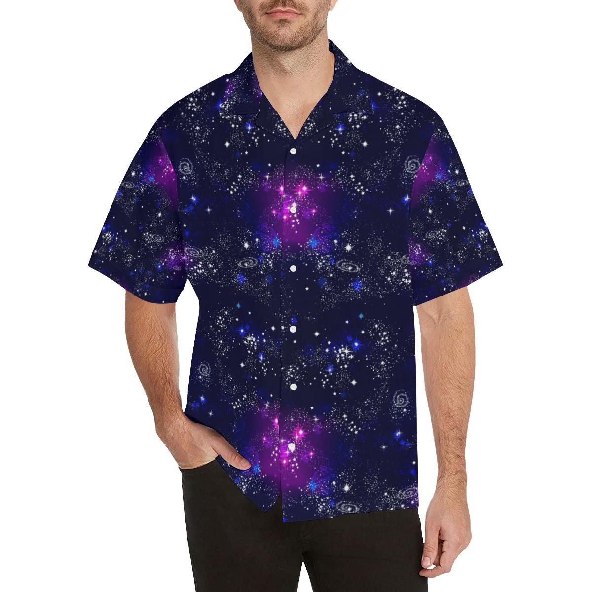 Space Galaxy Pattern Men'S All Over Print Hawaiian Aloha Shirt Hawaiian Shorts Beach Short Sleeve{Size}