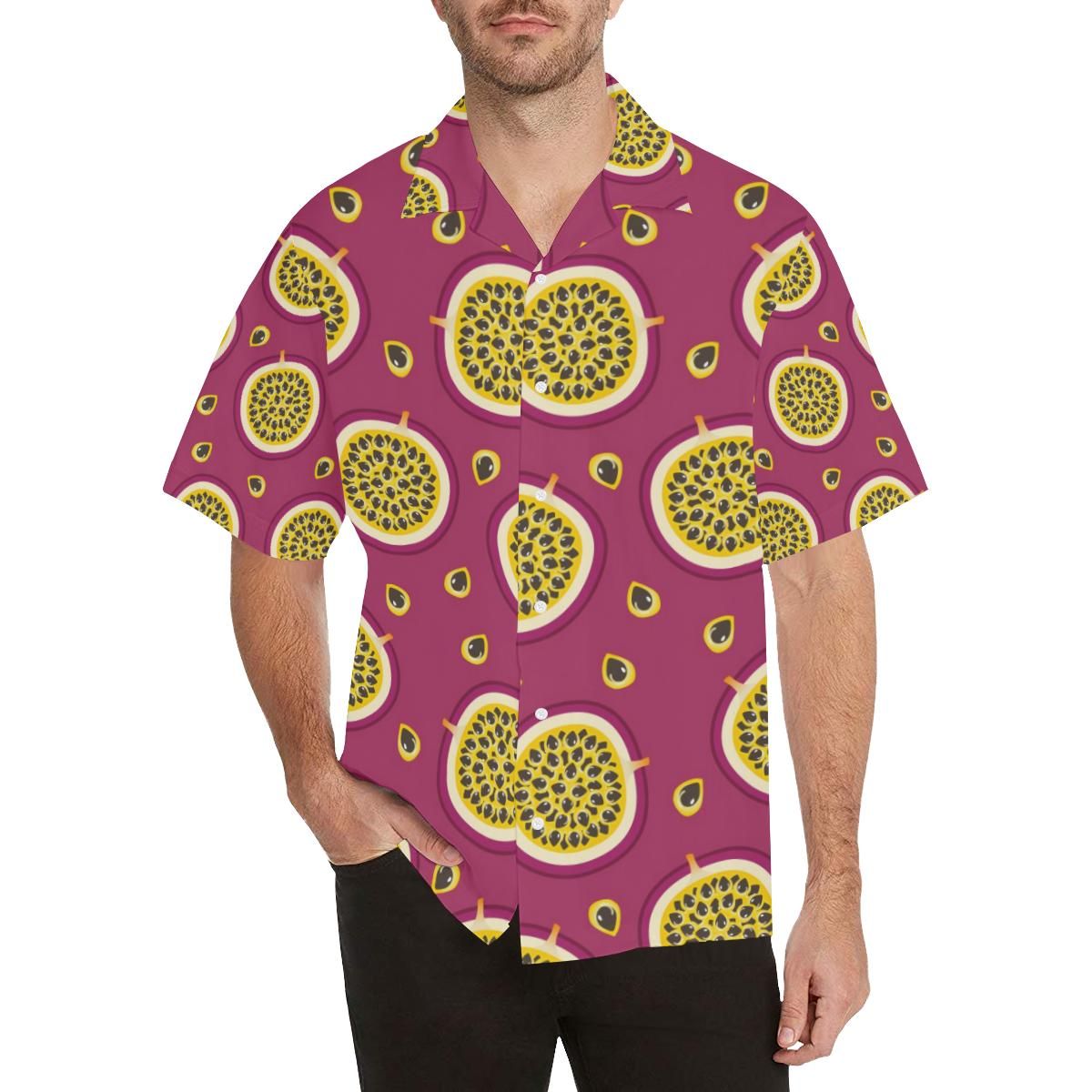 Sliced Passion Fruit Pattern Men's All Over Print Hawaiian Aloha Shirt Hawaiian Shorts Beach Short Sleeve{Size}