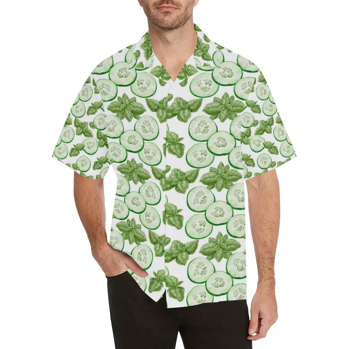 Sliced Cucumber Leaves Pattern Men's All Over Print Hawaiian Aloha Shirt Hawaiian Shorts Beach Short Sleeve{Size}