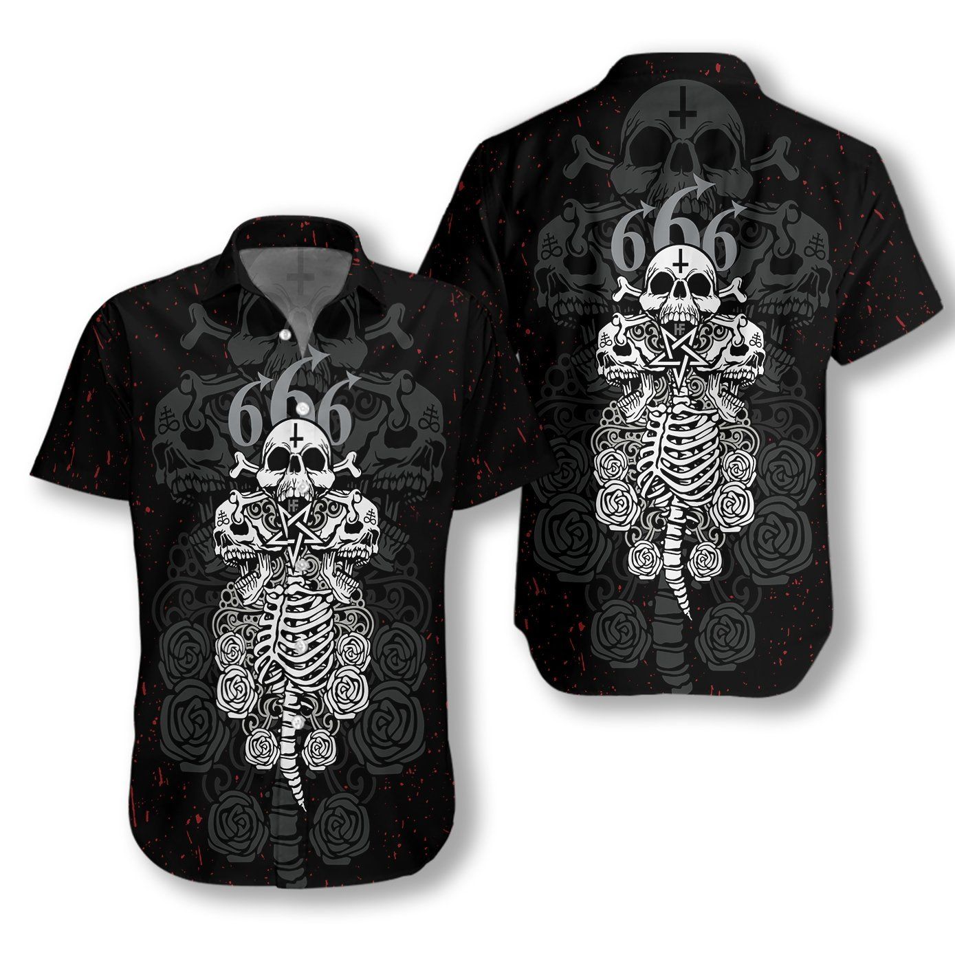 Skull And Bones Satanic Goth Gothic Ez20 2412 Hawaiian Aloha Shirt Hawaiian Shorts Beach Short Sleeve{Size}