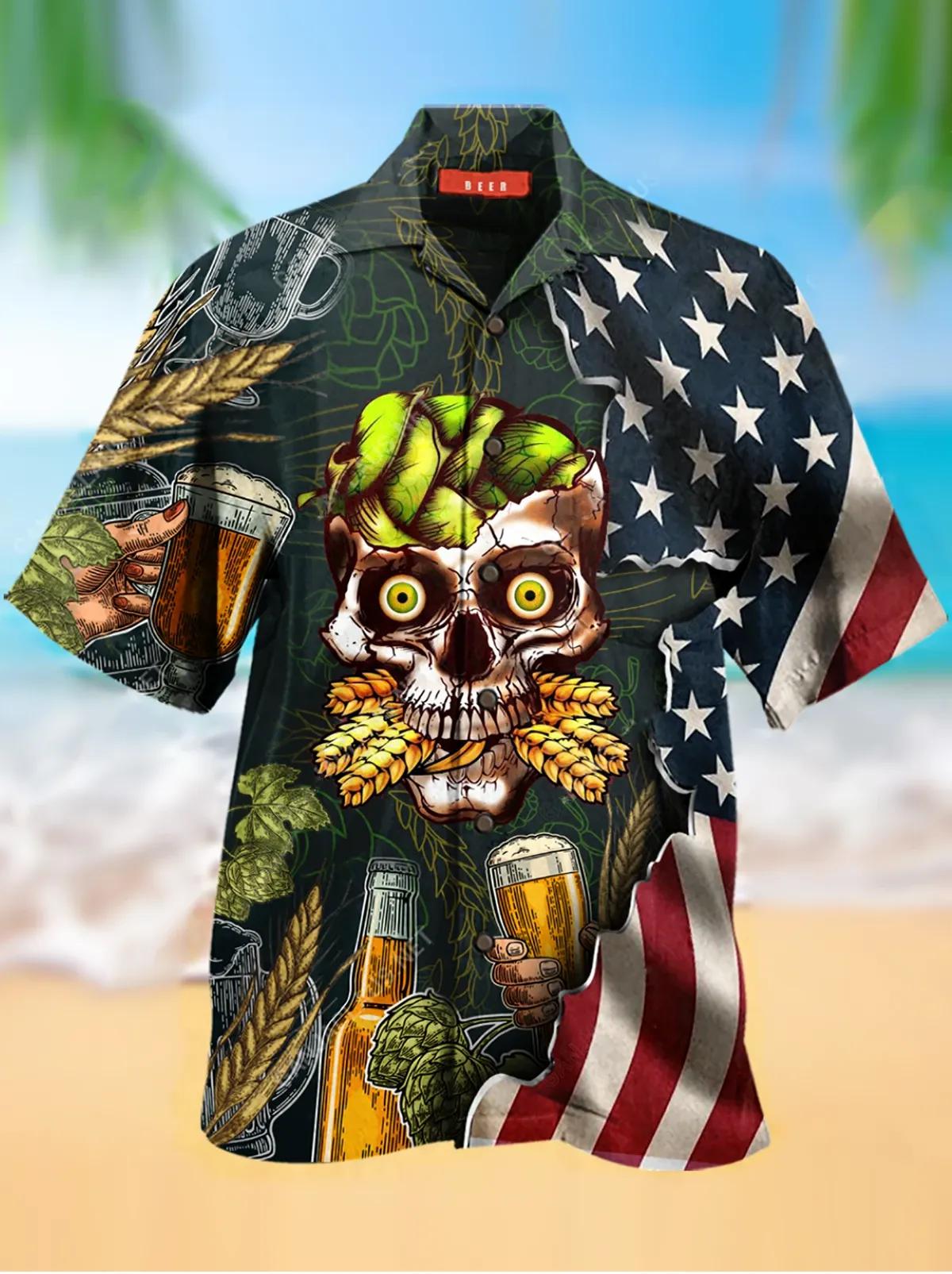 Skull Beer Hawaiian Aloha Shirt Unisex Shorts Sleeve Colorful Hw3042 Hawaiian Shorts Beach Short Sleeve{Size}