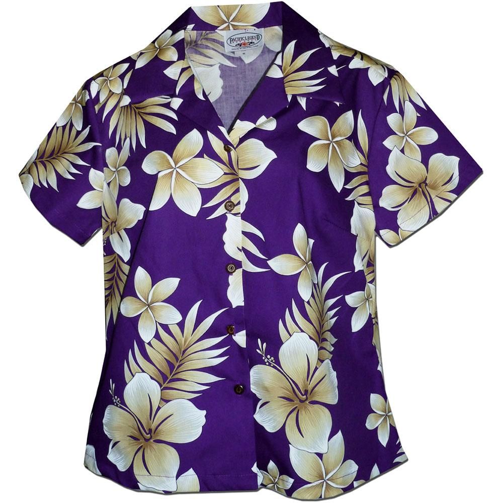 Tropic Hibiscus Purple Fitted Women'S Hawaiian Aloha Shirt Hawaiian Shorts Beach Short Sleeve{Size}