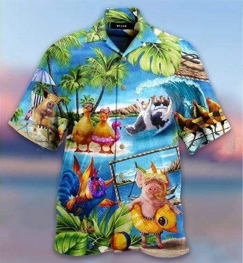 Stay Cool Duck Rooster Pig And Cow Hawaiian Aloha Shirt Unisex Shorts Sleeve Colorful Hw3201 Hawaiian Shorts Beach Short Sleeve{Size}