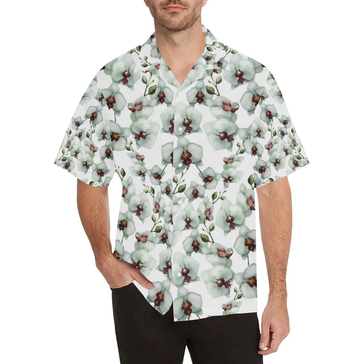 White Orchid Pattern Men's All Over Print Hawaiian Aloha Shirt Hawaiian Shorts Beach Short Sleeve{Size}