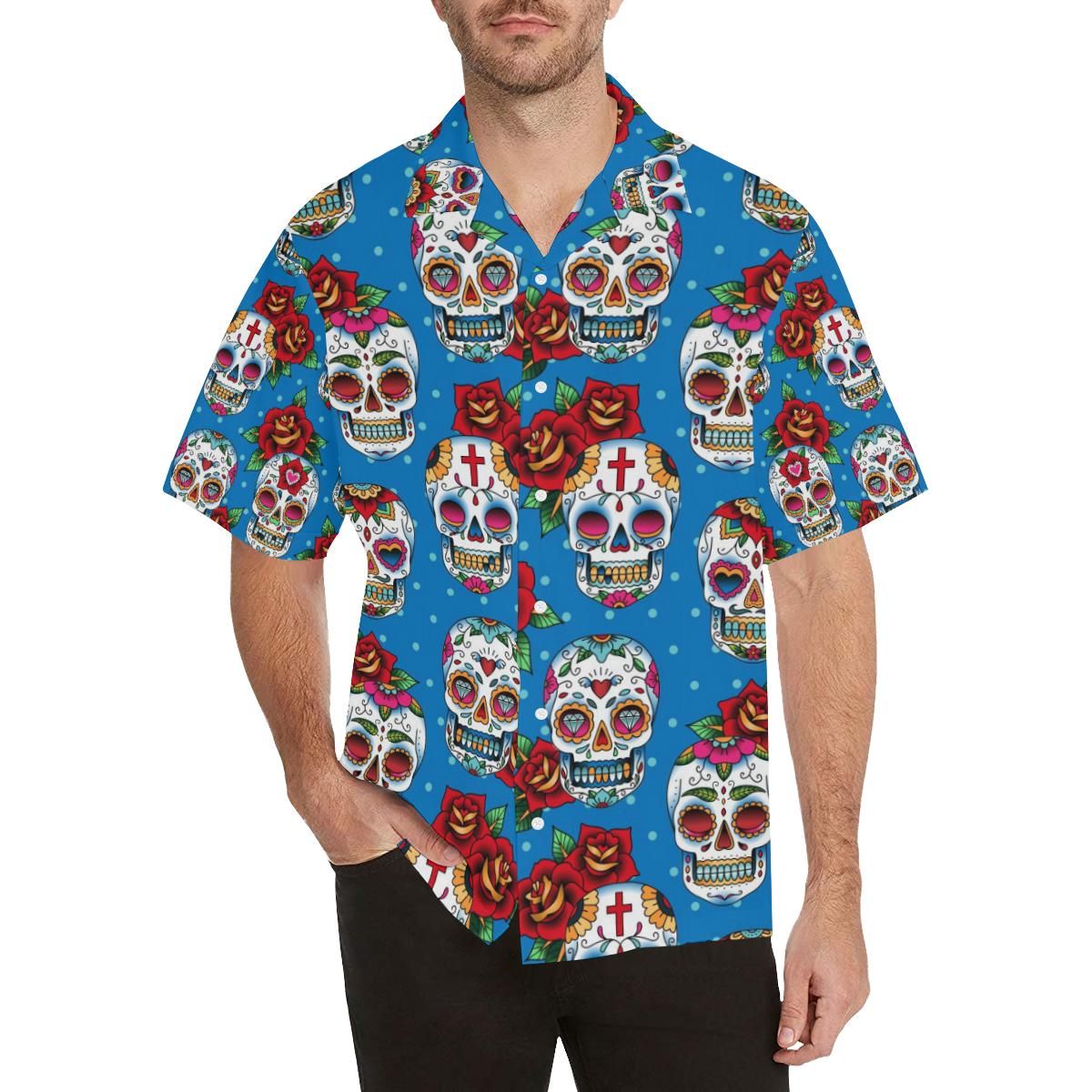 Suger Skull Rose Pattern Men's All Over Print Hawaiian Aloha Shirt Hawaiian Shorts Beach Short Sleeve{Size}