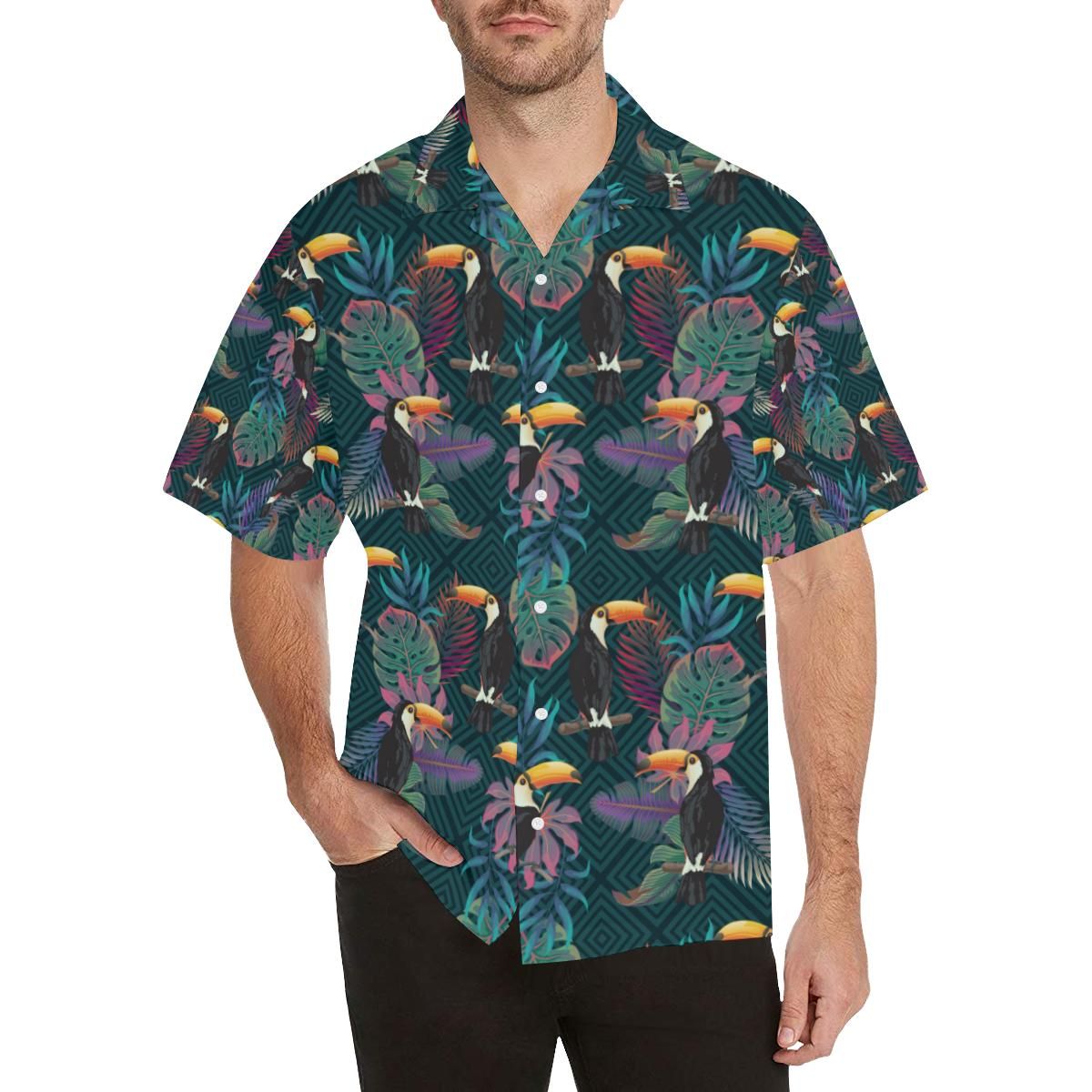 Toucan Pattern Men's All Over Print Hawaiian Aloha Shirt Hawaiian Shorts Beach Short Sleeve{Size}