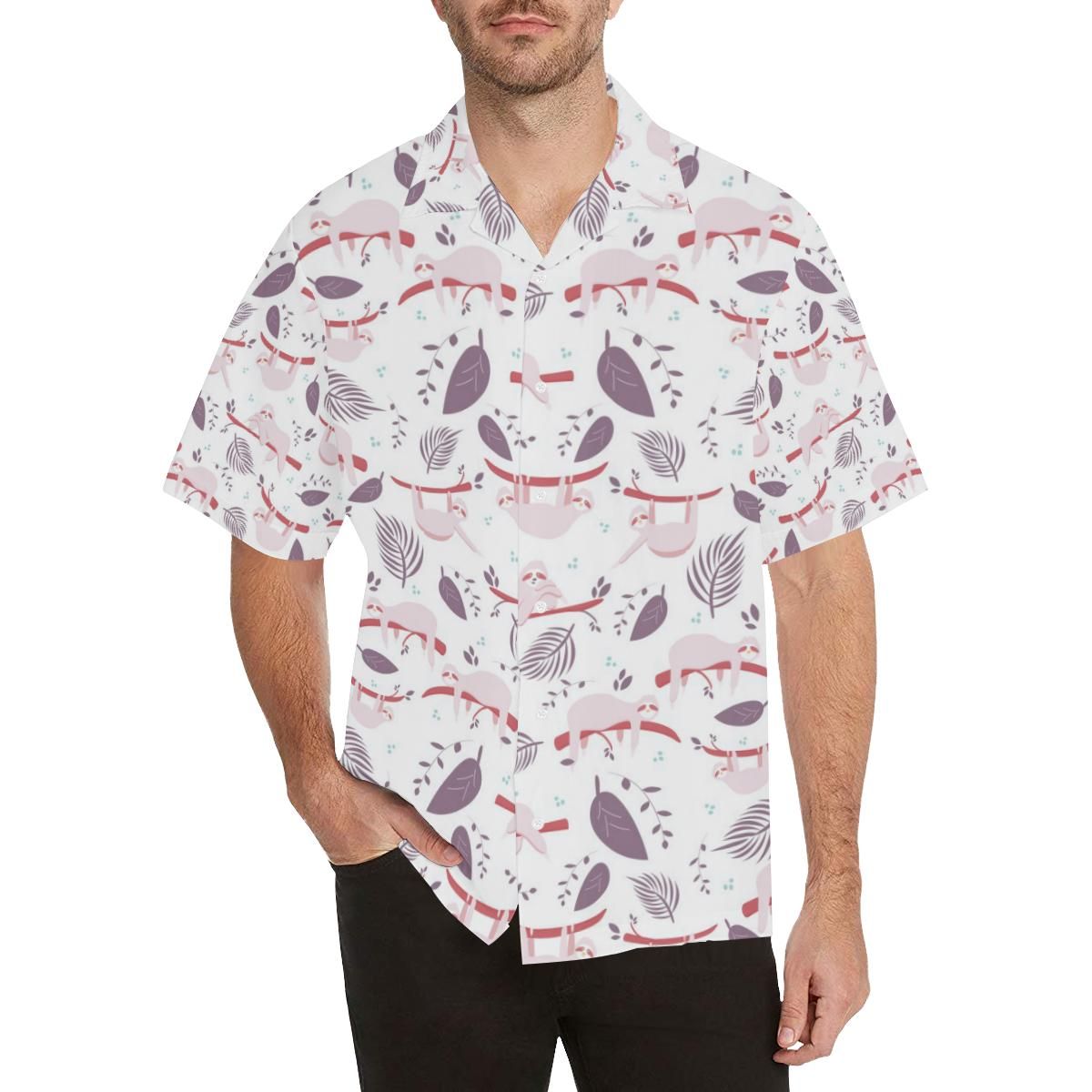 Sloth Leaves Pattern Men's All Over Print Hawaiian Aloha Shirt Hawaiian Shorts Beach Short Sleeve{Size}