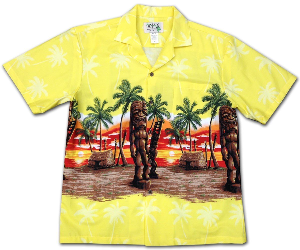 Tiki Enforcer Yellow Hawaiian Aloha Shirt Hawaiian Shorts Beach Short Sleeve{Size}