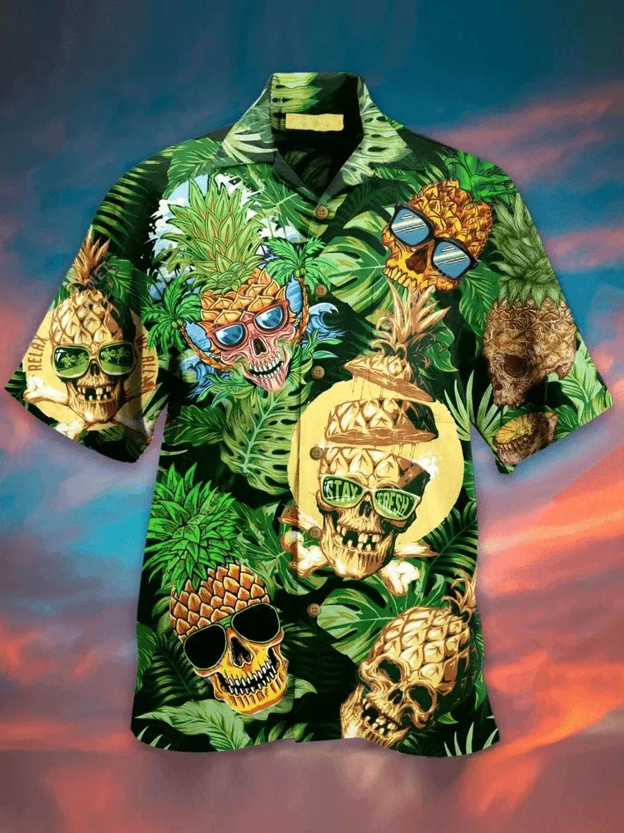 Skull And Pineapple Hawaiian Aloha Shirt Unisex Shorts Sleeve Colorful Hw2661 Hawaiian Shorts Beach Short Sleeve{Size}