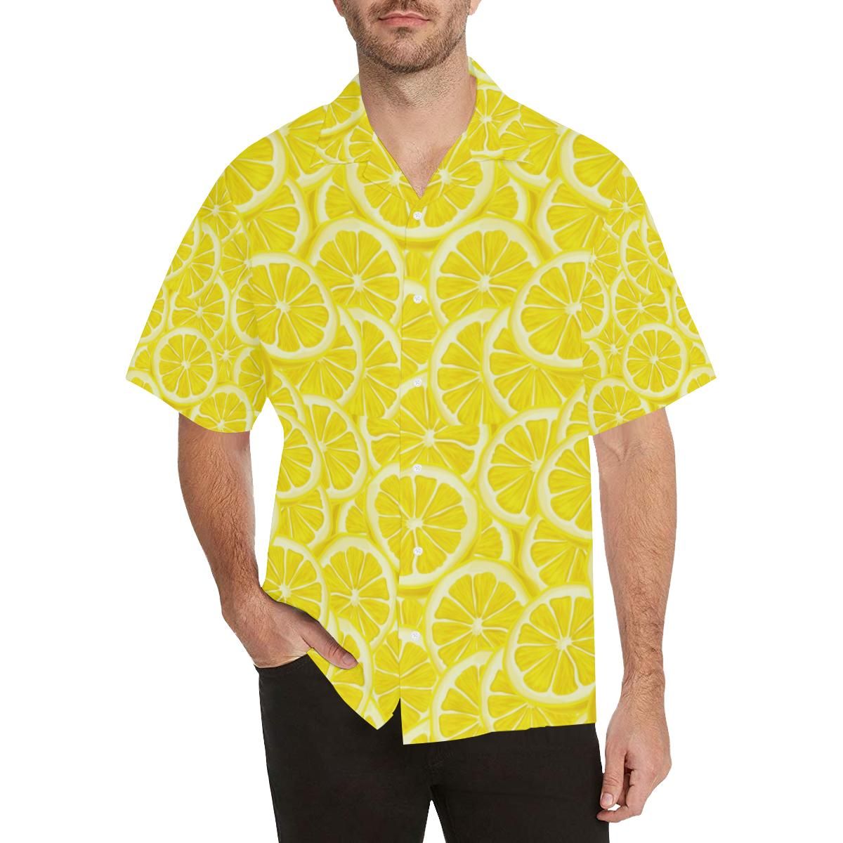 Sliced Lemon Pattern Men'S All Over Print Hawaiian Aloha Shirt Hawaiian Shorts Beach Short Sleeve{Size}