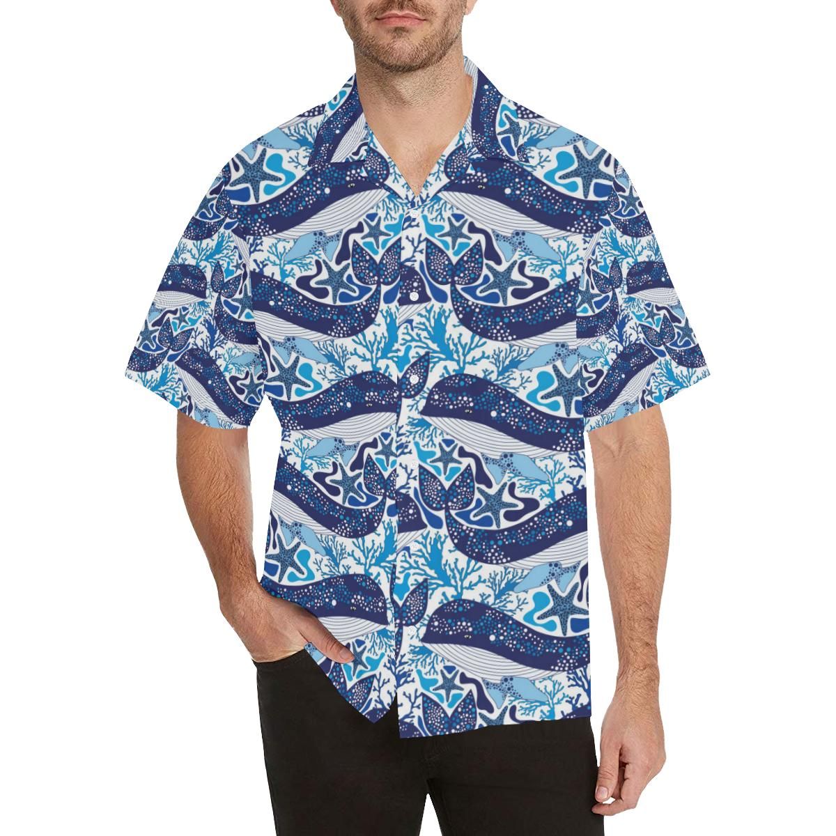 Whale Starfish Pattern Men's All Over Print Hawaiian Aloha Shirt Hawaiian Shorts Beach Short Sleeve{Size}