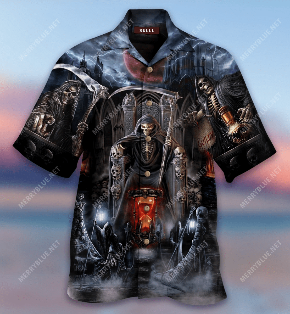 Thunder Death Skull Hell Tattoo Hawaiian Aloha Unisex Aloha Shirts #V Hawaiian Shorts Beach Short Sleeve{Size}