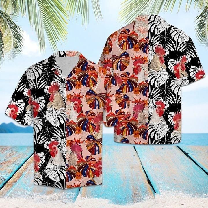 Tropical Rooster Floral Hawaiian Aloha Shirt Unisex Shorts Sleeve Hawaiian Shorts Beach Short Sleeve{Size}