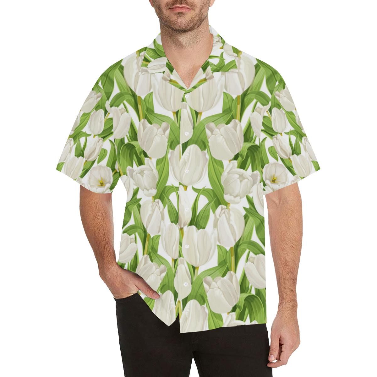 White Tulip Pattern Men's All Over Print Hawaiian Aloha Shirt Hawaiian Shorts Beach Short Sleeve{Size}