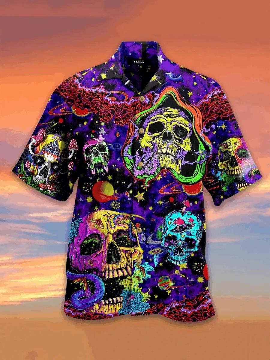 Skull Hippie Hawaiian Aloha Shirt Unisex Shorts Sleeve Colorful Hw2650 Hawaiian Shorts Beach Short Sleeve{Size}