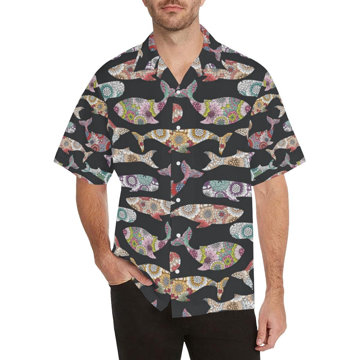 Whale Flower Tribal Pattern Men'S All Over Print Hawaiian Aloha Shirt Hawaiian Shorts Beach Short Sleeve{Size}