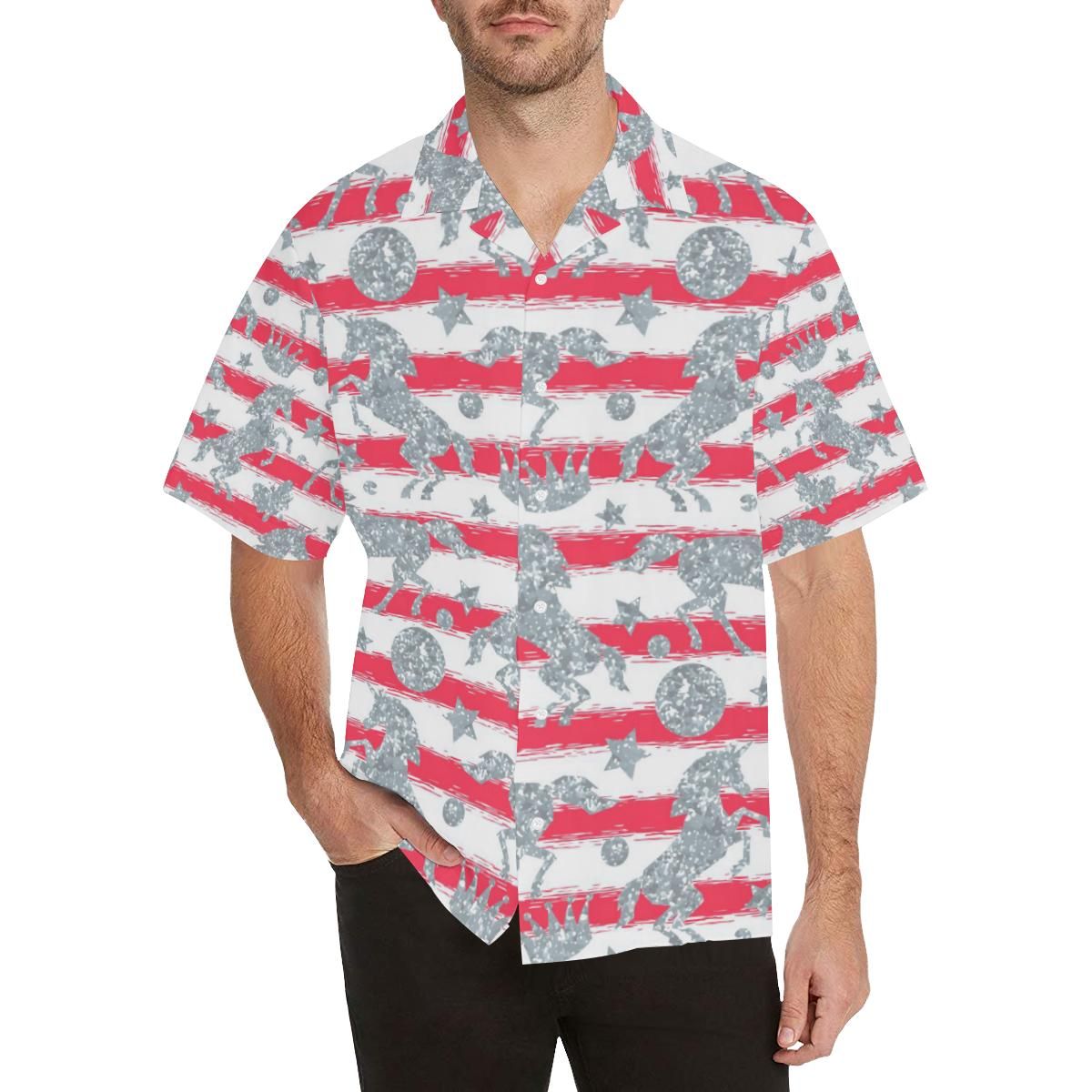 Unicorn Silver Pattern Men'S All Over Print Hawaiian Aloha Shirt Hawaiian Shorts Beach Short Sleeve{Size}